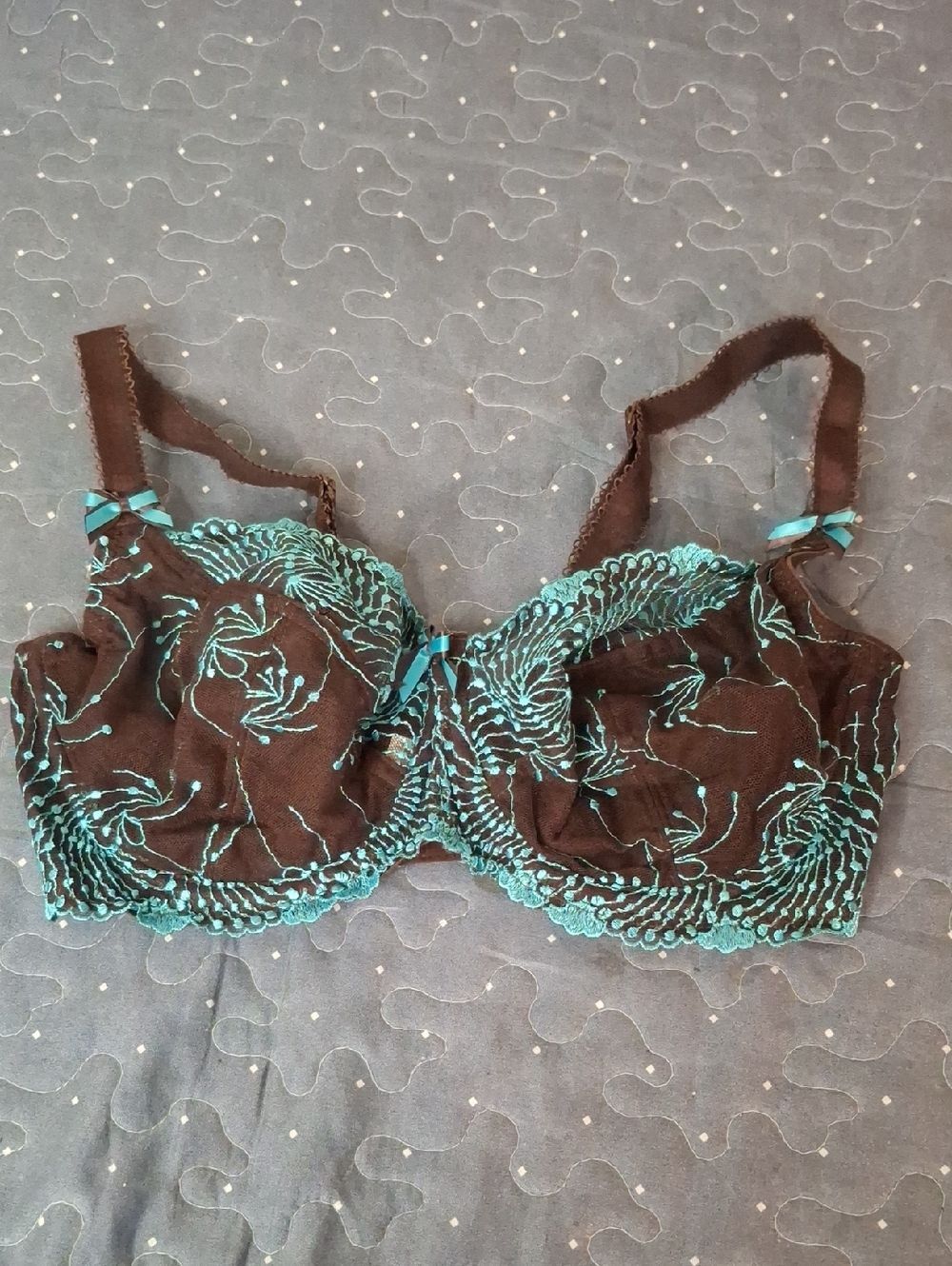 Fit Fully Yours Women's Teal Embroidered Brown Lace Bra size 32F